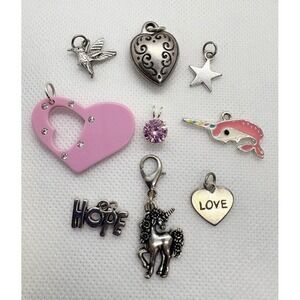 Silver Tone Charm Pendant Lot Heart Unicorn Star Narwhal Locket Rhinestone Mixed